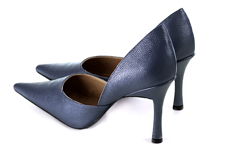Navy blue women's open arch dress pumps. Pointed toe. Very high slim heel. Rear view - Florence KOOIJMAN